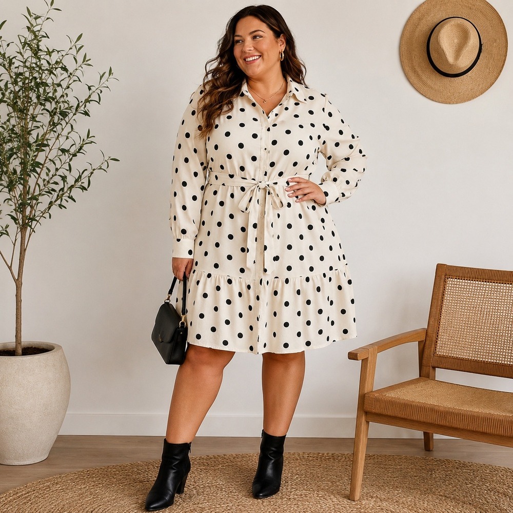 Ava & Viv Polka Dot Long Sleeve Shirt Dress White Black Tie Waist XXL Womens